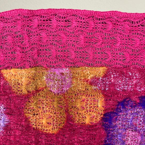 Pink floral scarf with pom pom trim, bohemian hippie retro boho chic Y2K groovy - Picture 7 of 9